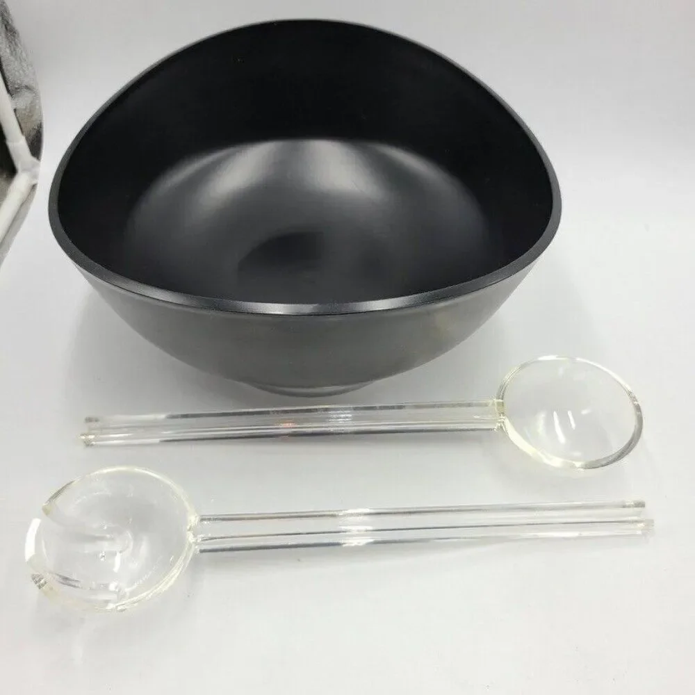 Vtg MCM Lacquerware Black Salad Bowl Plastic Silver Pedestal Base Spoon Fork